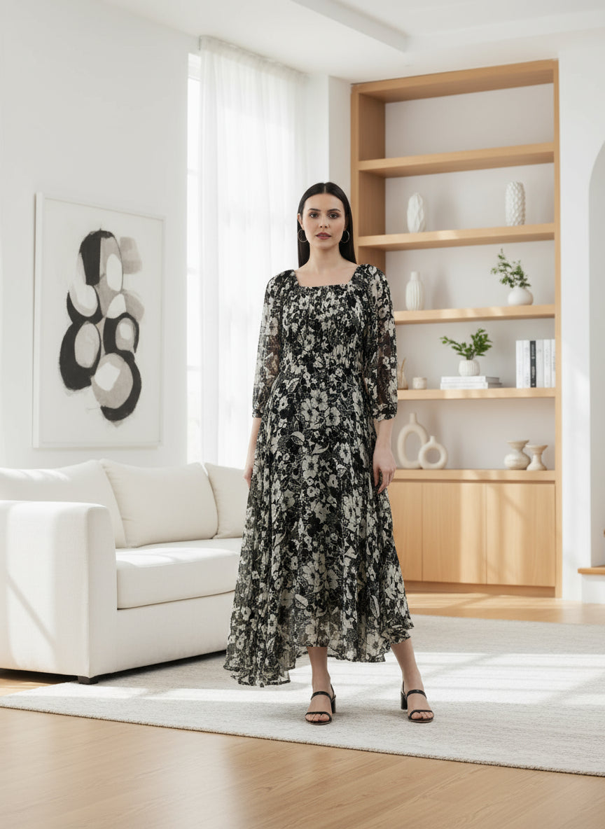 Black & White Floral Smocked Chiffon Maxi Dress