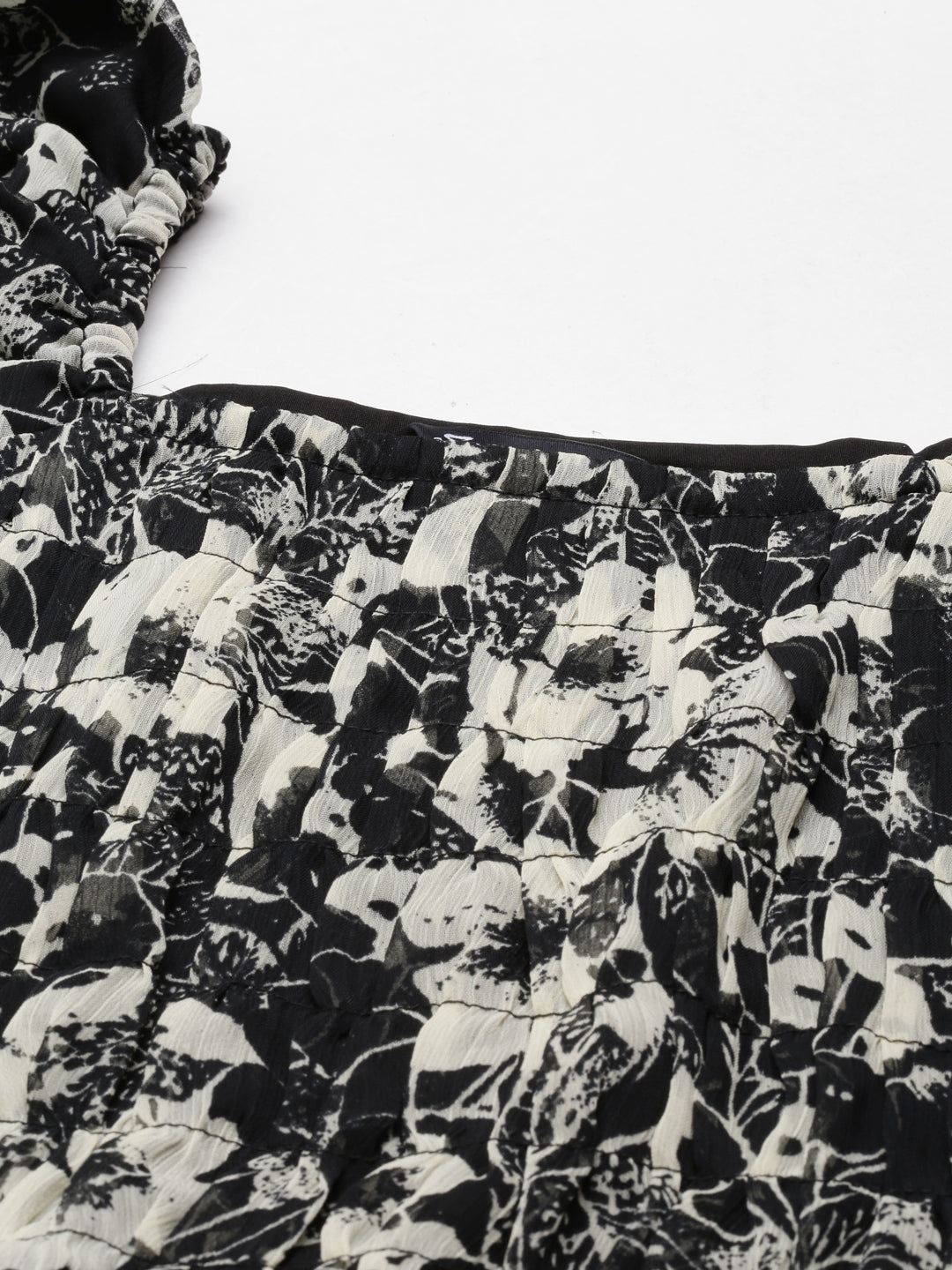 Black & White Floral Smocked Chiffon Maxi Dress