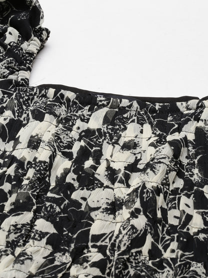 Black & White Floral Smocked Chiffon Maxi Dress