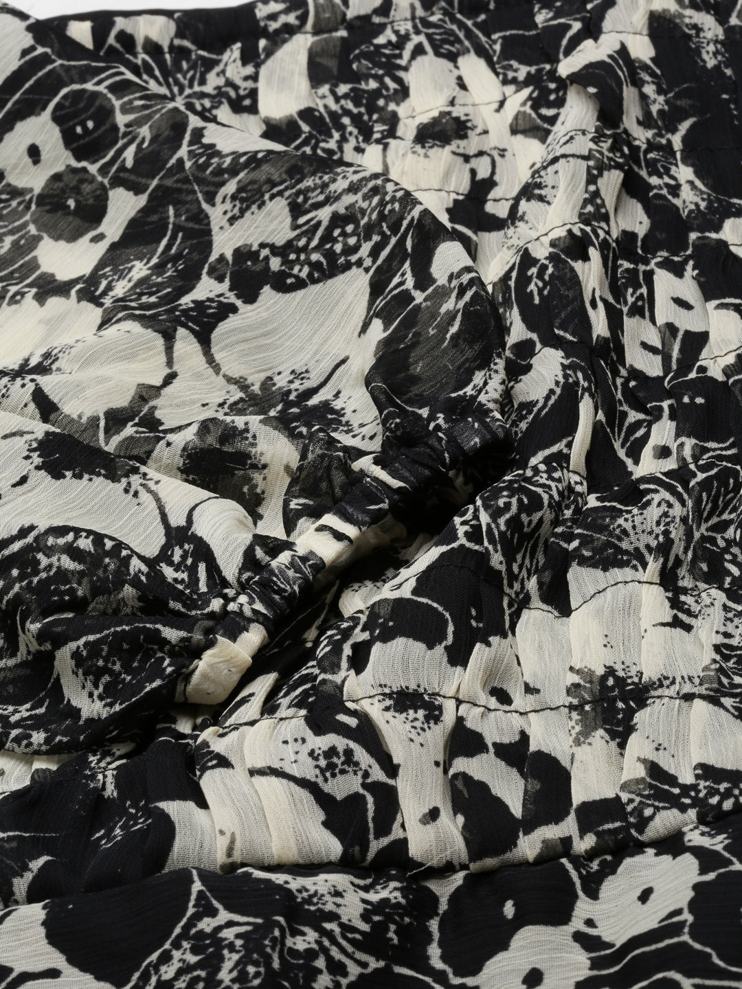 Black & White Floral Smocked Chiffon Maxi Dress