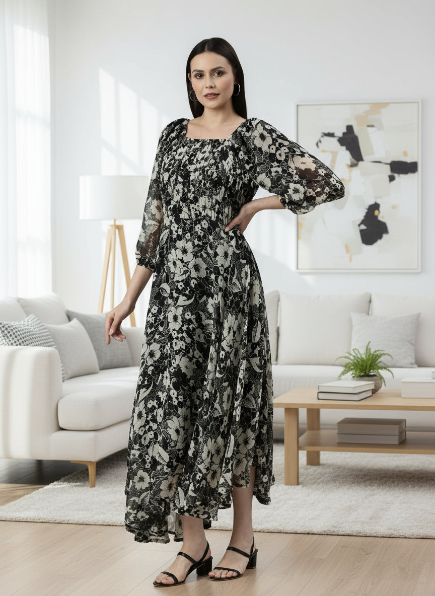 Black & White Floral Smocked Chiffon Maxi Dress