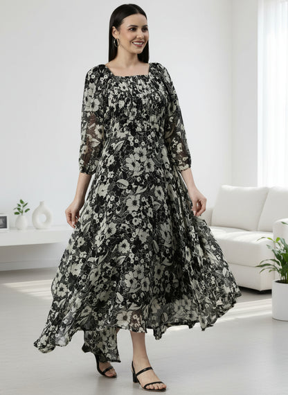 Black & White Floral Smocked Chiffon Maxi Dress
