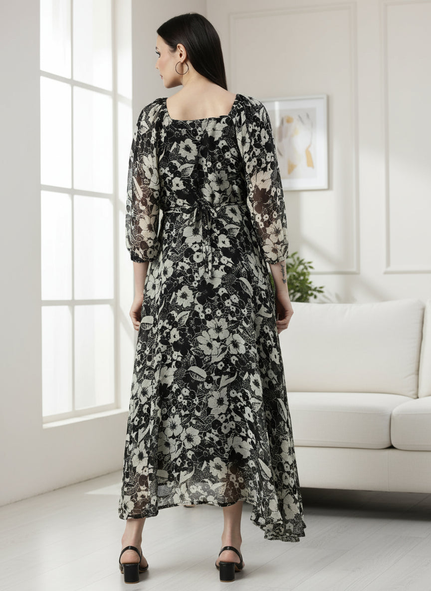 Black & White Floral Smocked Chiffon Maxi Dress