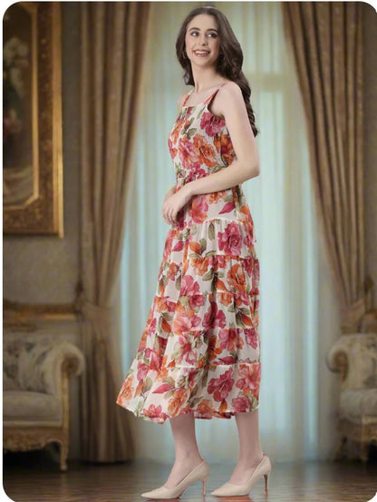 Cream Printed Fit & Flare Midi Dress