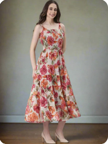 Cream Printed Fit & Flare Midi Dress