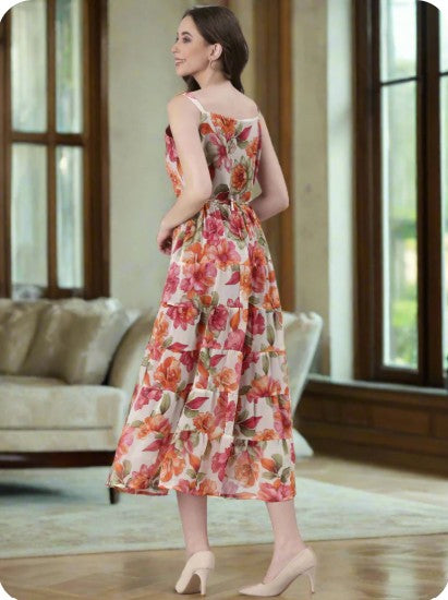 Cream Printed Fit & Flare Midi Dress