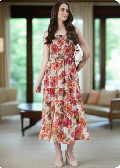 Cream Printed Fit & Flare Midi Dress