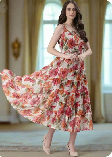 Cream Printed Fit & Flare Midi Dress