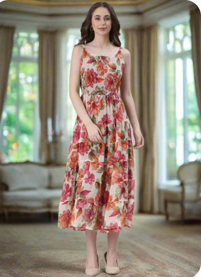 Cream Printed Fit & Flare Midi Dress