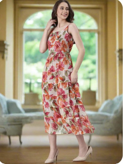 Cream Printed Fit & Flare Midi Dress